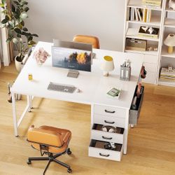 48-Inch Computer Desk with 4 Fabric Drawers — Home Office Desks with Storage, Writing Desk with Side Hook and Cloth Bag, Modern Study/Work T