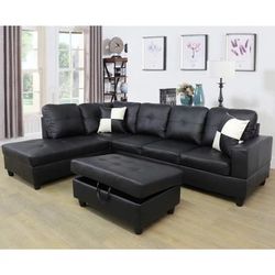 Only $450, Brand New L-Shape Faux Leather Sectional Sofa with Chaise, Ottoman, 2 Toss Pillow