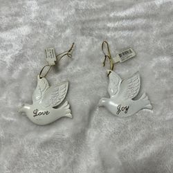 Vintage Christmas decoration 2 ornaments white glitter doves love joy