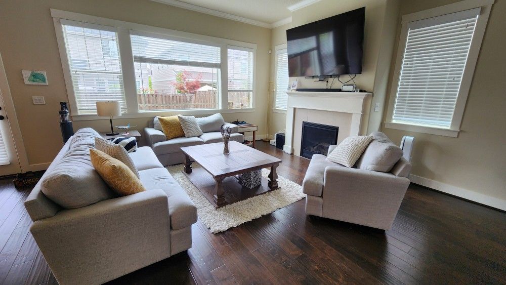 Complete Ashley Living Room Set - Sofas + Coffee Table + Side Table + Lamps