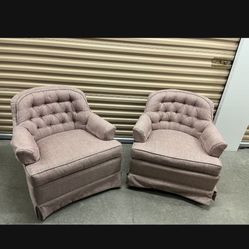 Set of 2 vintage pink tufted back club lounge armchairs with textured tweed style fabric