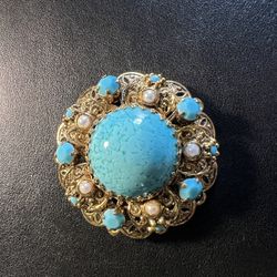 Vintage West Germany Turquoise And Pearl Brooch