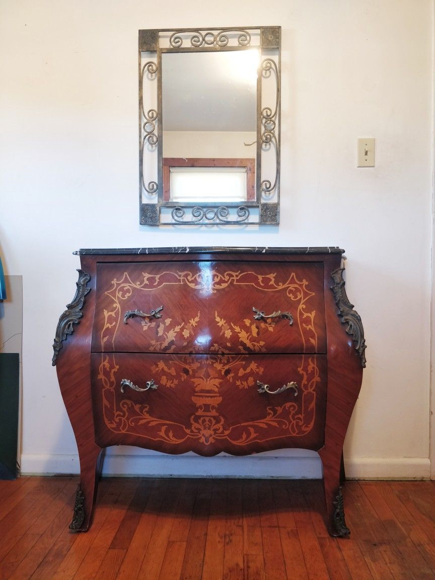 Inlaid Wood Bombay Chest of Drawers with Black Marble Top and Wrought Iron Wall Mirror 