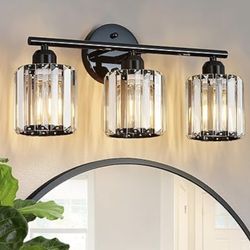 Modern Crystal Vanity Light 3-Lights for Bathroom Matte Black Crystal Bath Wall Light Fixtures (Black, 3 Lights-Cylinder)