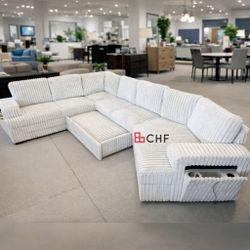 Corduroy Fabric Upholstered HALF U-Shaped Sectional Sofa with Pull Out Bed 