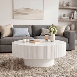 31.5" Minimalist Modern Round Fluted Drum Coffee Table with 6.8" Thick Tabletop