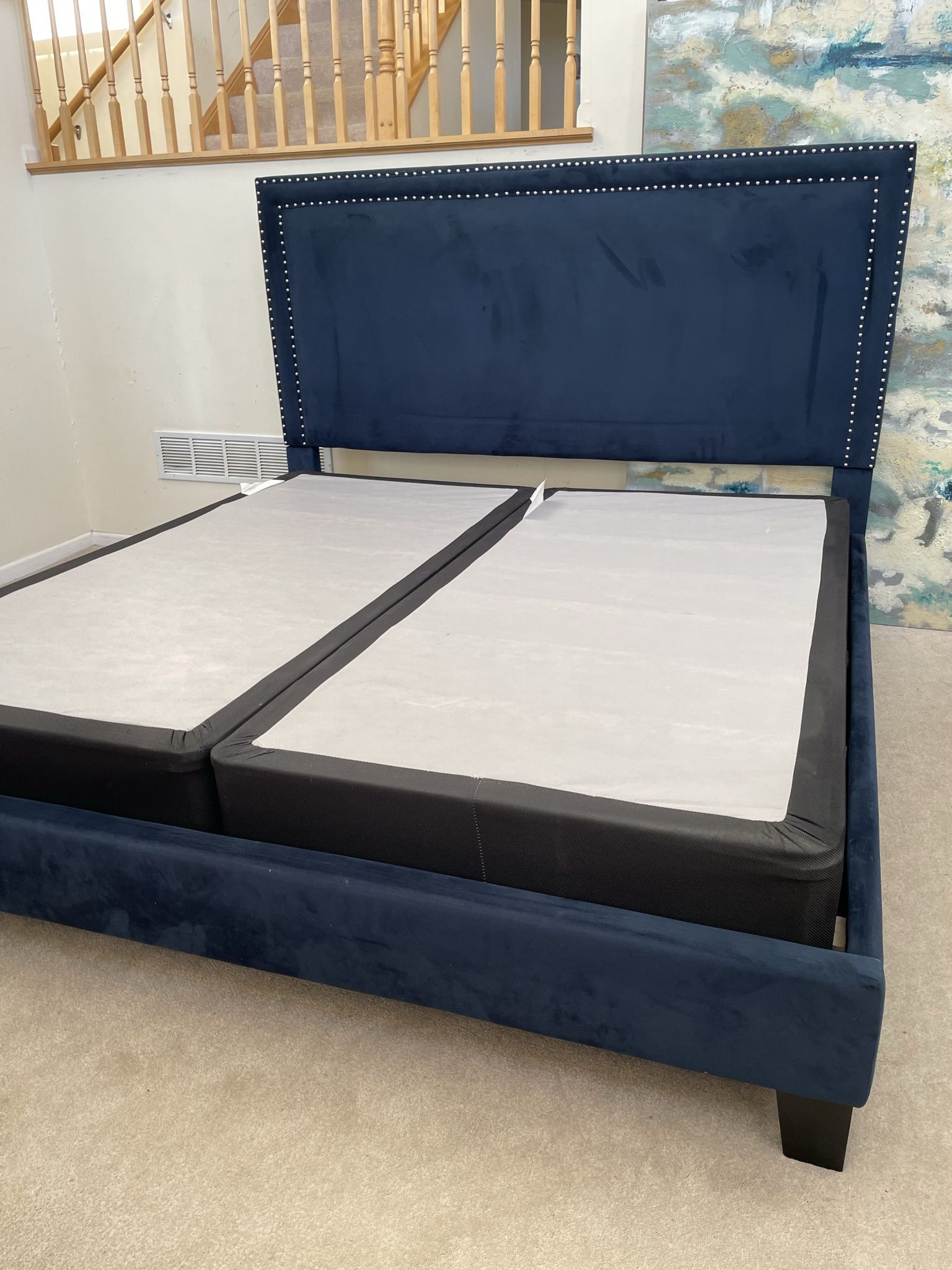Blue Upholstered Nailhead King Size Bedframe + Boxspring for Sale in