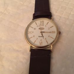 Cambridge Watch Men Gold Tone Round Dial Brown Leather Band New Battery 