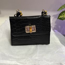 Croc Texture Hand Bag Vegan Leather Small Purse With Bamboo Handle