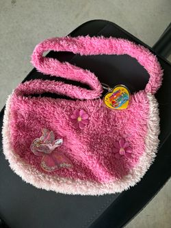 Pink Fuzzy Kids Purse with Butterfly and Flowers
