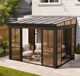 New in Box 8x12 Lean-to Sunroom Gazebo, Enclosed Patio Shelter with Sliding Doors, Polycarbonate Roof and Brown-Tinted Panels Aluminum Frame