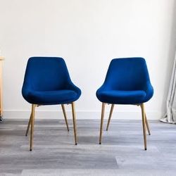 Pair of Blue Velvet Dining Chairs | Brass Legs | Modern Accent Chairs