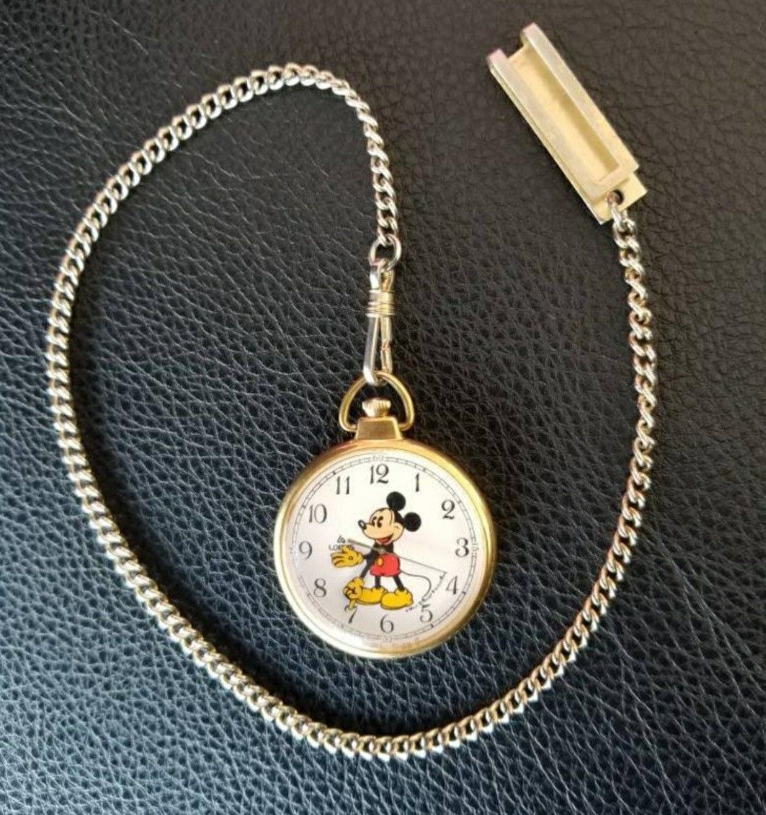 Vintage Walt Disney Lorus Quartz Gold Tone Mickey Mouse Pocket Watch with Chain