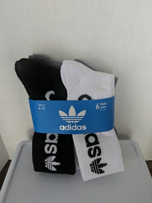 Adidas Mens 6 pack crew socks shoe size 6-12 white/black/grey heather