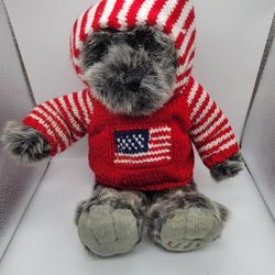 ADORABLE! Dillars Teddy bear Patriotic Knitted Sweater With Hood Soft Faux Fur