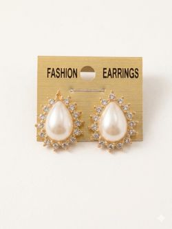 Monet Gold Tone Simulated Pearl Teardrop White Rhinestone Post Earrings