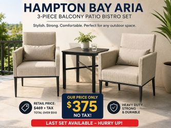 🔥 HAMPTON BAY ARIA 3-PIECE BALCONY PATIO BISTRO SET 🔥  Beautiful modern patio balcony set — heavy duty and super strong quality! Perfect for apartme