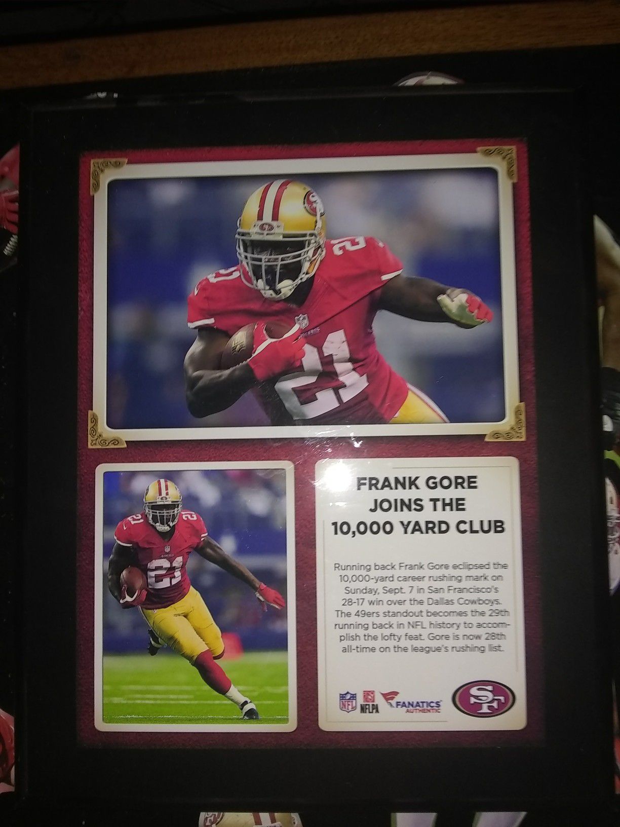 Frank Gore 10,000 yard club plaque