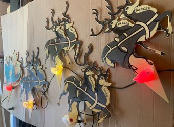 Vintage Outdoor Christmas Display Santa And Reindeer **some damage** Lighted Lawn Display 1960s