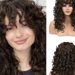 Curly Wig with Bangs 20 Inch Dark Brown Curly Gorgeous Shag Hair Wig