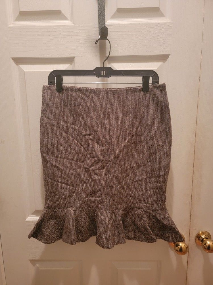 Arden B Lined Brown Wool Blend Herringbone Pattern Ruffle Hem Skirt - Size 6