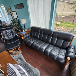 Danish MCM Black Leather Sofa and Stressless Chair & Ottoman 