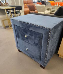 Blue Velvet 2-Drawer Nightstand with Nailhead Trim