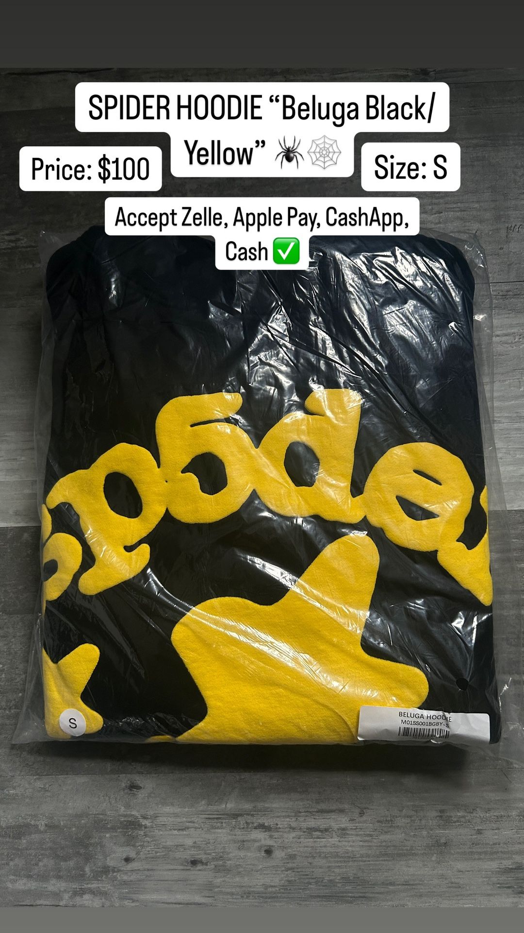 Sp5der Hoodie “Beluga” Black/Yellow SIZE SMALL . Check Description
