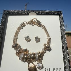 Guess Gold Charm Bracelet + Earrings Set (New in Box)