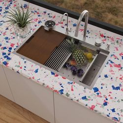 33 Inch Waterfall Kitchen Sink Drop In Workstation Kitchen Sink 16 Gauge Stainless Steel Single Bowl Smart Waterfall Sinks with Faucet Combo, 33"x22"x