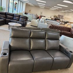 Leather Sofa With Two Power Recliners-Greymel 