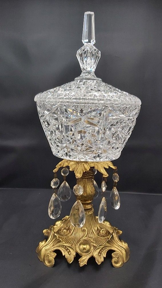 Exquisite Vintage Hollywood Regency Crystal & Brass Covered Compote/ Bowl With 6 Teardrop Crystals