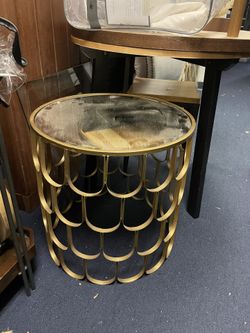 Round Mirror End Table With Gold Accent 