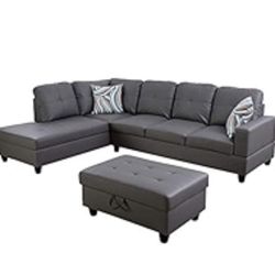 Gray Leather Sectional Couch And Storage Ottoman