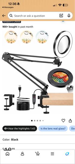 Real Glass Lens, Dimmable LED Light, C-Clamp, Flexible Desk Magnifier for Jewelry Sewing Crafts Embroidery Repair