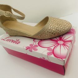 Ankle strap low wedge sandal glitter