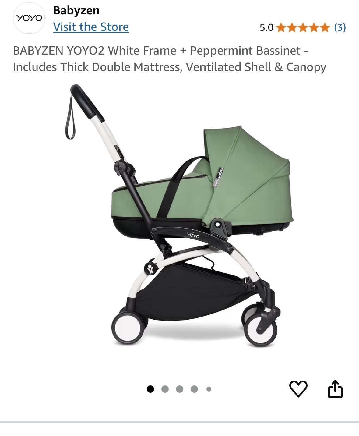 Babyzen YOYO 0+ Bassinet, Peppermint - Includes Thick Double Mattress, Ventilated Shell & Canopy - Requires YOYO2 Frame (Sold Separately)