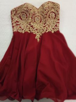 Red Strapless Homecoming Dress Gold Lace