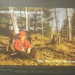 Hunting Never Saw A Buck All Season Mt. Pleasant Michigan Deer Hunter Sleeping 1960's Vintage Collectible Postcard Post Card PC