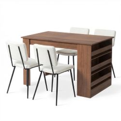 Homy Casa ELROY 5PC Dining Set Brown Table 43.3" with 4PC Pomona Beige Upholstered Dining Chairs