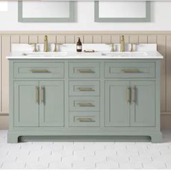 Doveton 60” Double Sink Sage Green Vanity with White Stone Top