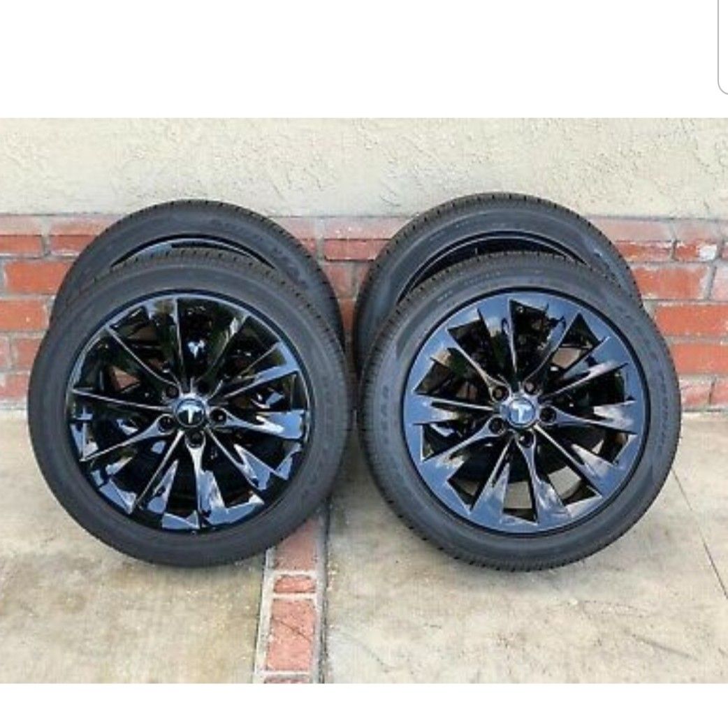 19" Tesla Model S Slipstream Factory OEM Black Wheels Rims Tires Gloss Black