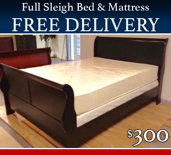 Full Size Bed, Black Sleigh with Mattress and Free Delivery