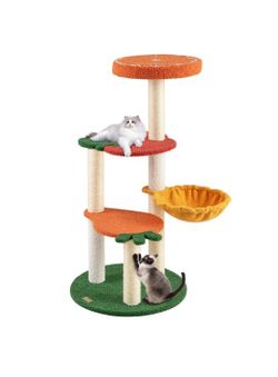 Fruit-Themed Cat Tree Tower – 4 Levels + Basket Bed – Sisal Scratch Posts – Cute Orange & Apple