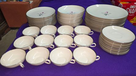 Vintage Gladdin McBean Franciscan China 60 Pc Dinnerware Dish Set in the "Carmel" pattern featuring a pink and gray floral motif with a platinum/silve