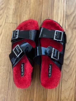 New Liliana Black & Red Fuzzy Sandals