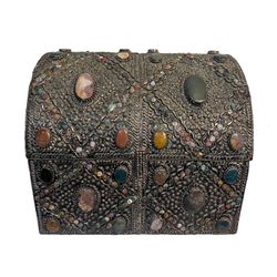 Large Indian Wedding Silvered Jewelry Chest With Semi-Precious Stones