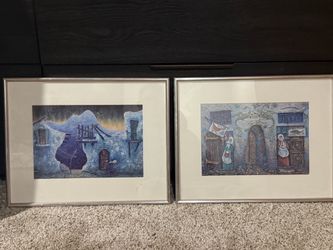 Set of 2 Framed Art Prints Village Scenes