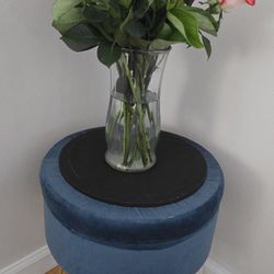 ROUND VELVET BLUE STORAGW VANITY STOOL