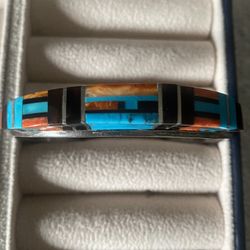Vintage Sterling Silver Zuni 6” Cuff Bracelet Inlay Turquoise Coral & Onyx